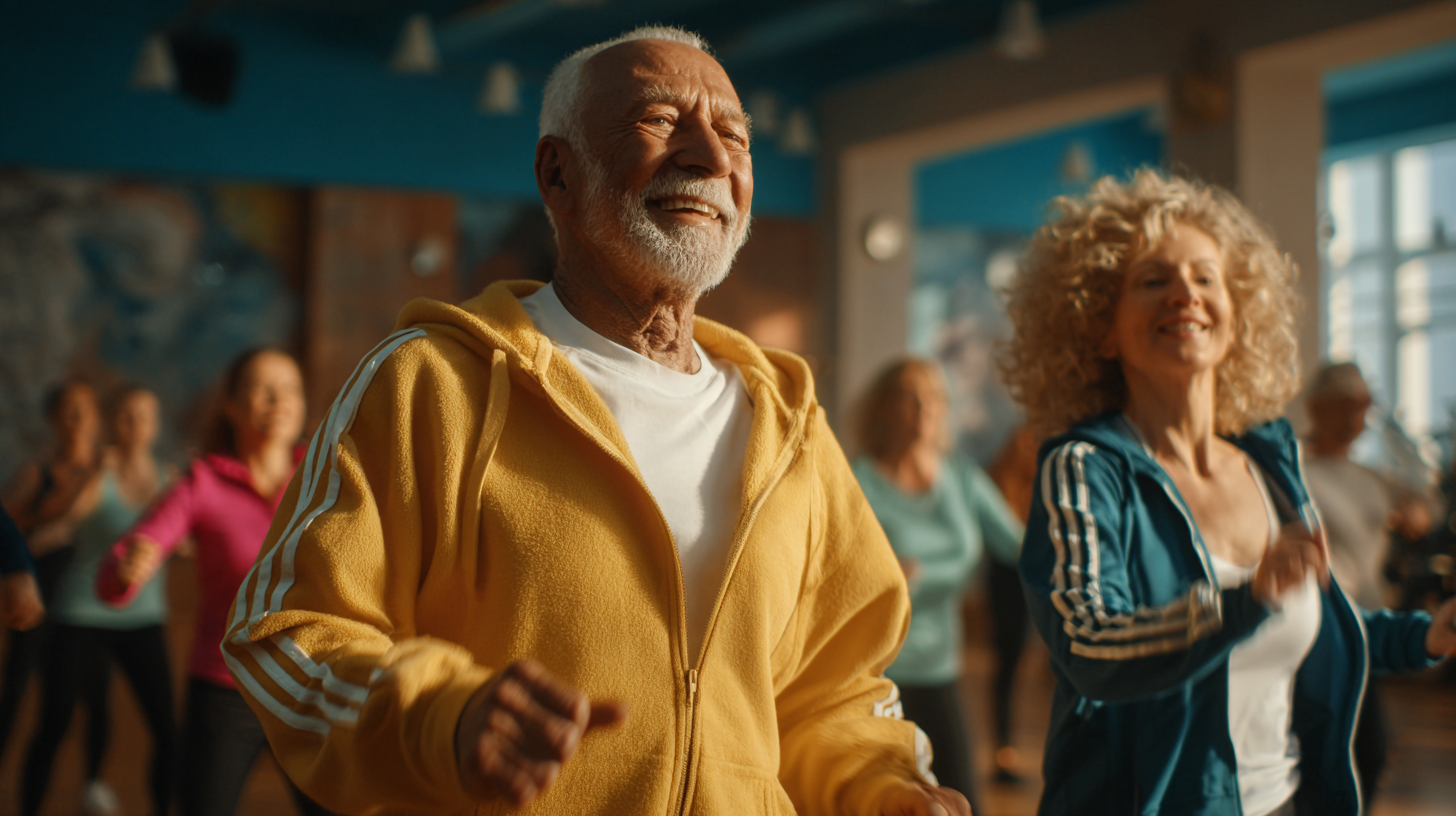 Група зрели хора по време на лека тренировка в спортна зала